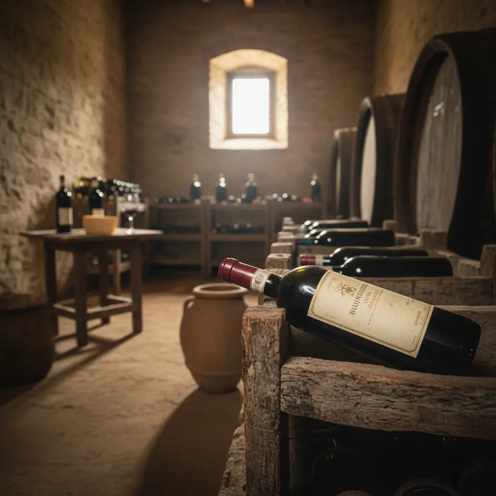 A bottle of Brunello di Montalcino wine with its distinctive label on a rustic table.