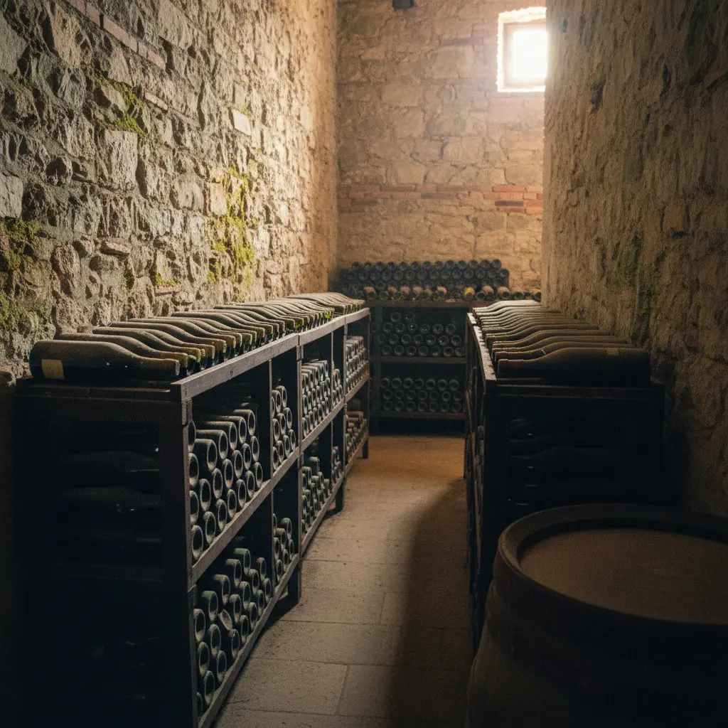 A traditional wine cellar with rows of aging wine bottles, depicting ideal storage conditions.