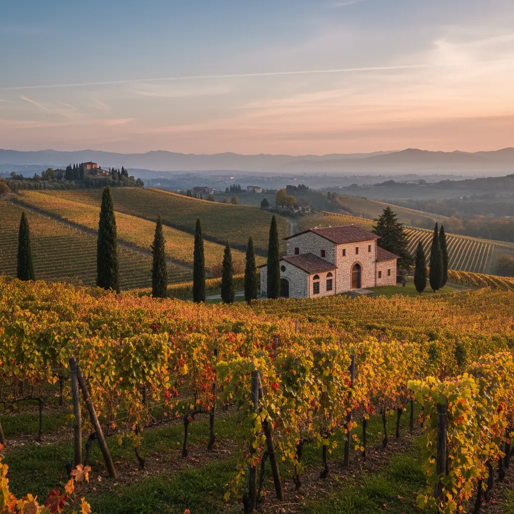 Rolling vineyards of Valpolicella, Veneto, with traditional Italian cypress trees and a historic winery in the background.
