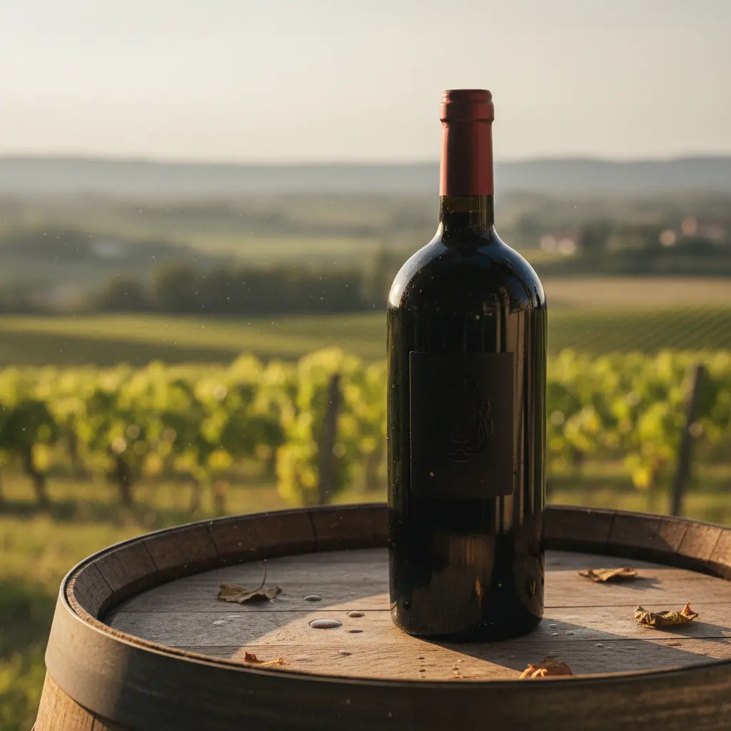 A dark bottle of Amarone della Valpolicella, sealed with cork and foil, resting on a wooden table.