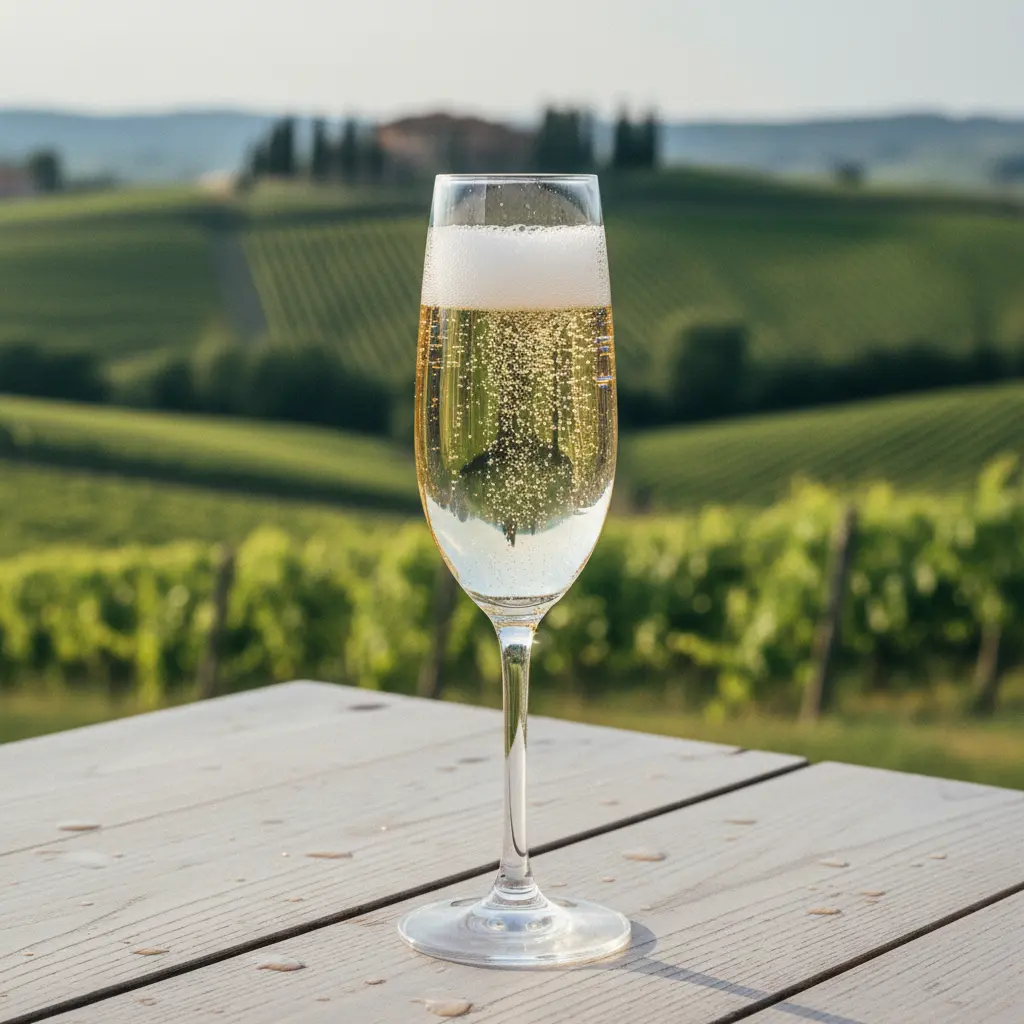 A glass of sparkling Prosecco, filled to the brim with bubbles, against a blurred background of green vineyards.