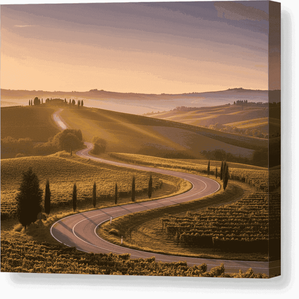 A scenic road winding through Tuscan vineyards at sunset.
