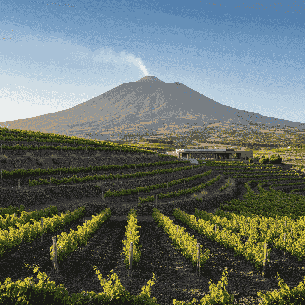 A vineyard on the slopes of Mount Etna, Sicily, with the volcano smoking in the background.