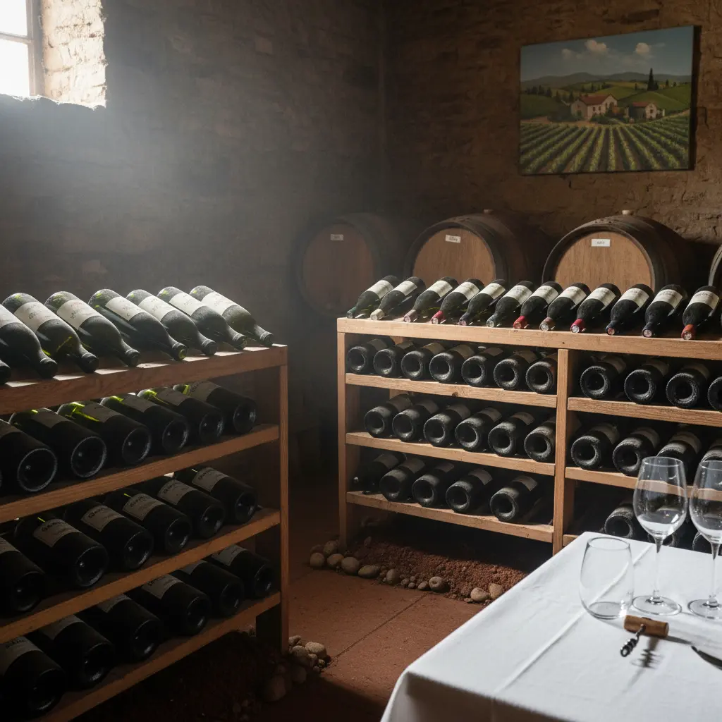 Wine bottles resting horizontally in a cool, dark cellar environment