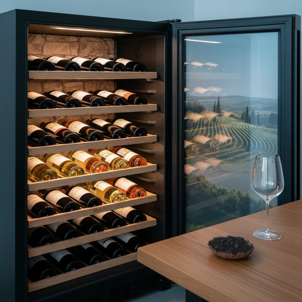 Bottles organized inside a modern wine refrigerator