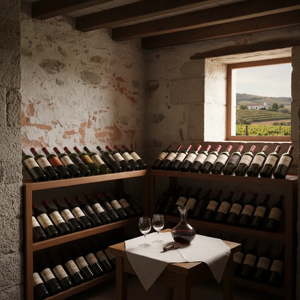 Wine bottles neatly arranged on a sturdy shelf in a cool, dark basement corner