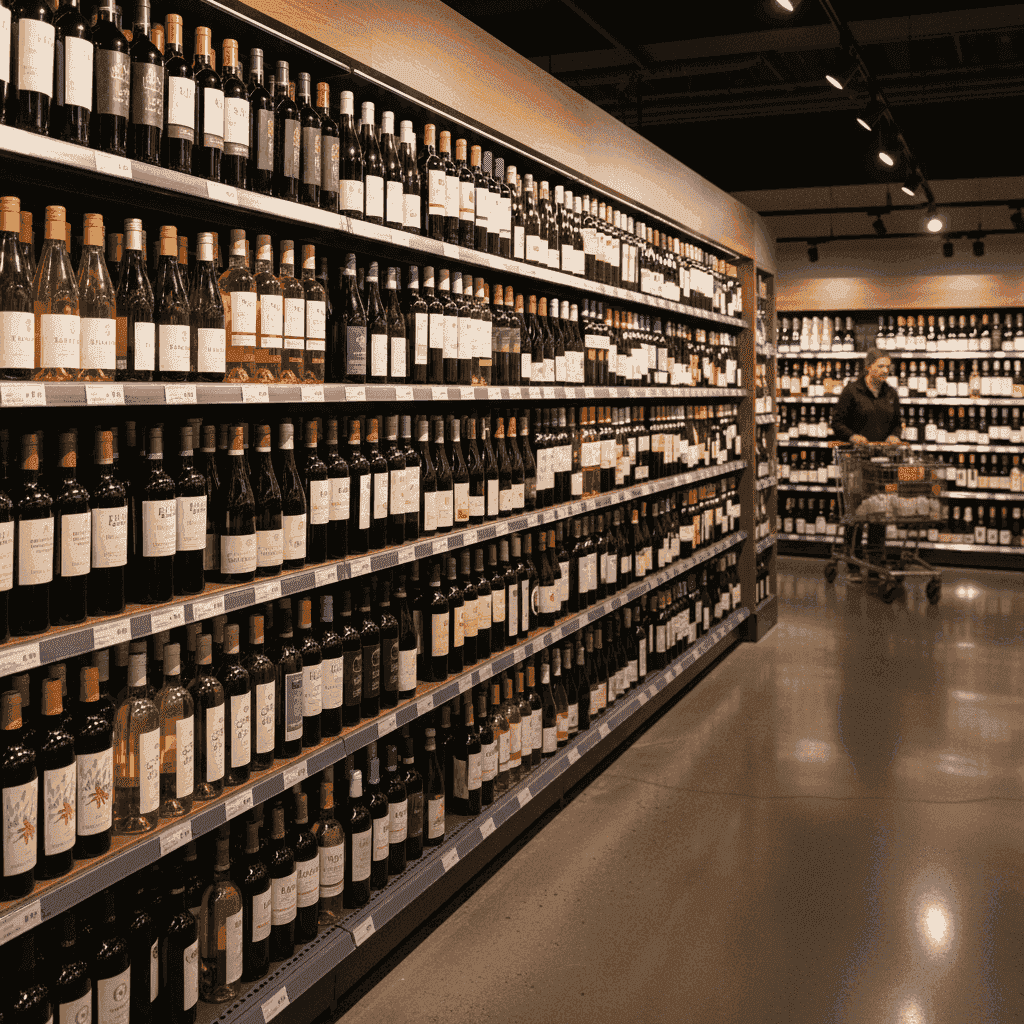 A well-lit supermarket wine aisle with rows of diverse wine bottles