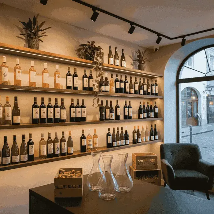 Una exhibición cuidadosamente organizada de botellas de vino únicas en una acogedora tienda de vinos independiente
