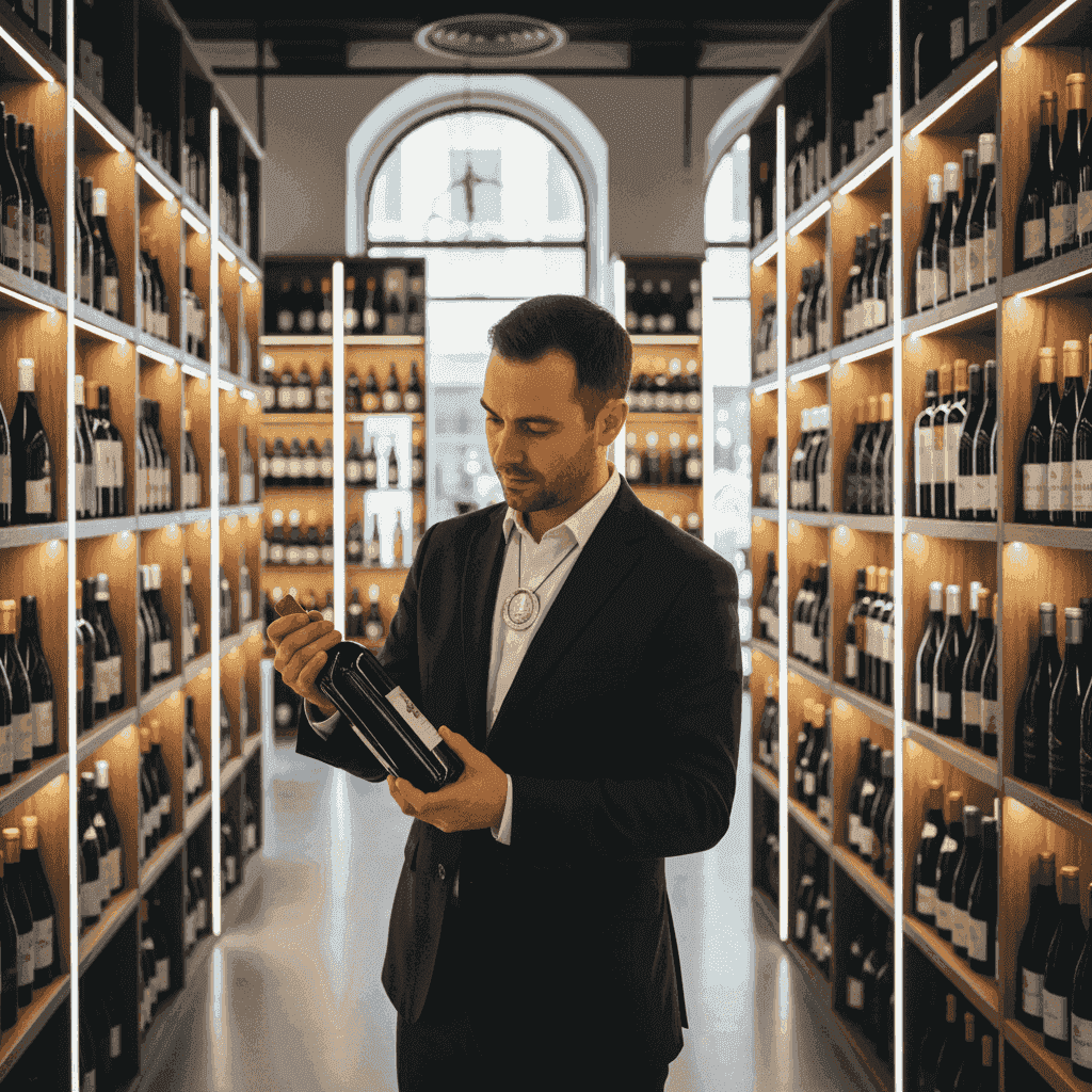 A sommelier carefully inspecting wine bottles on a shelf, evaluating them for selection