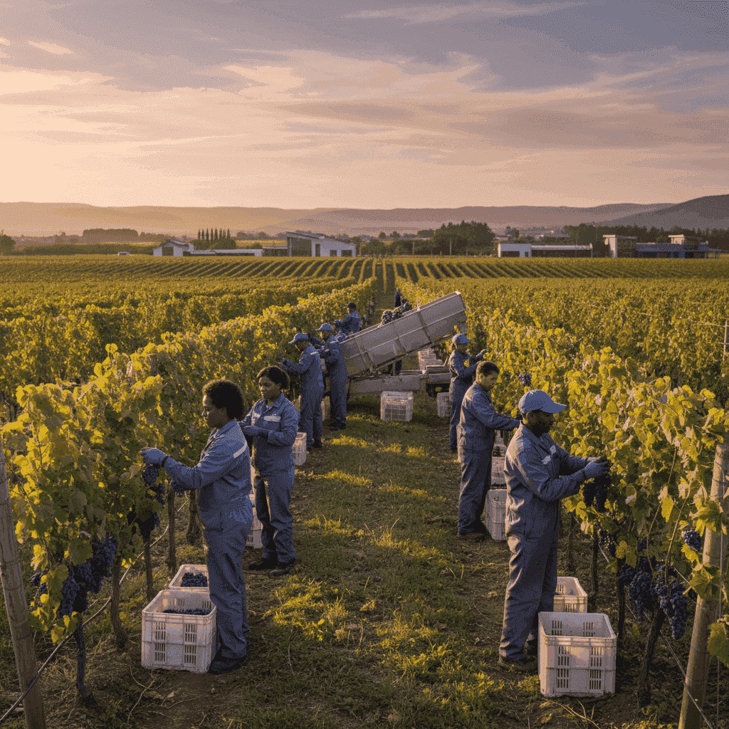 Сборщики винограда работают на винограднике Вустера, Южная Африка