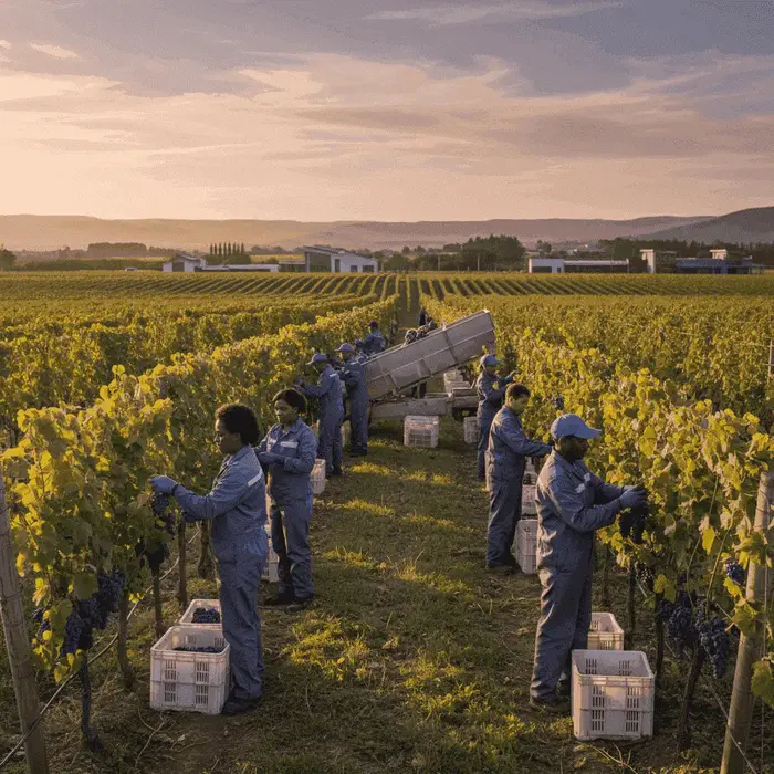 Grape harvesters working in a Worcester, South Africa vineyard