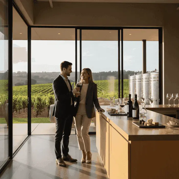 Couple enjoying a wine tasting at a modern cellar door in Worcester