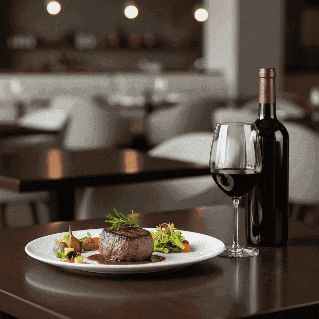 Вкусное блюдо в паре с бокалом красного вина Вустера