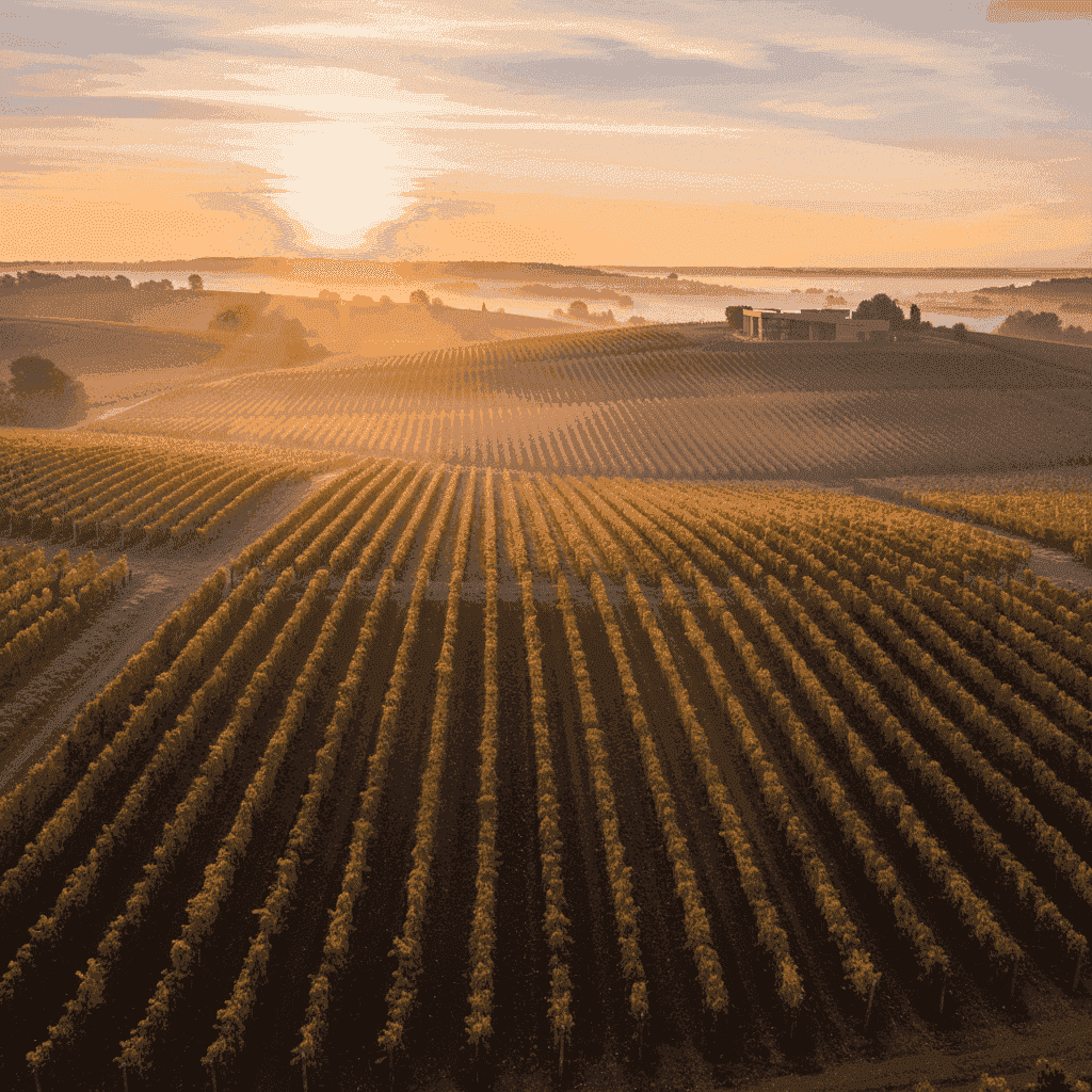Sunrise over the Bardoix vineyards, showcasing rolling hills and meticulous rows of grapevines.