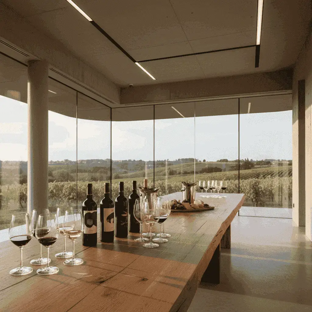 Eleganter Weinverkostungsraum in Winery Bardoix, mit Weinflaschen und Gläsern auf einem rustikalen Holztisch.