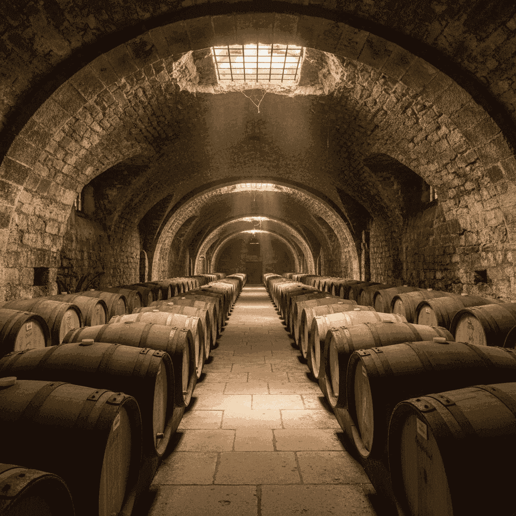 Historic wine cellar at Bardoix, showing rows of aging oak barrels in a dim, atmospheric setting.