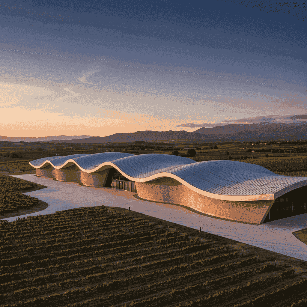 Exterior view of Bodegas Ysios winery by Santiago Calatrava