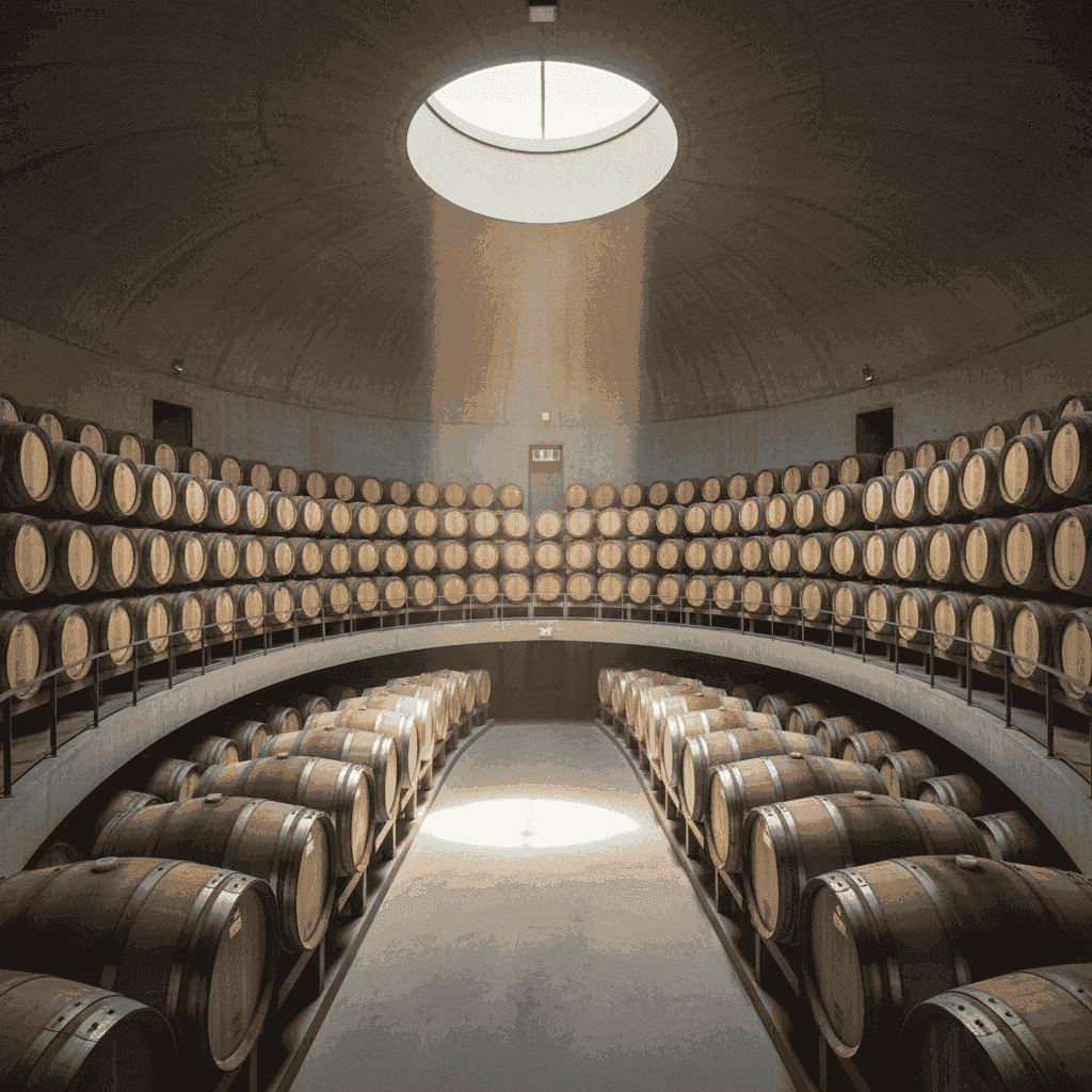 Interior view of Bodegas Protos cellar with wooden barrels